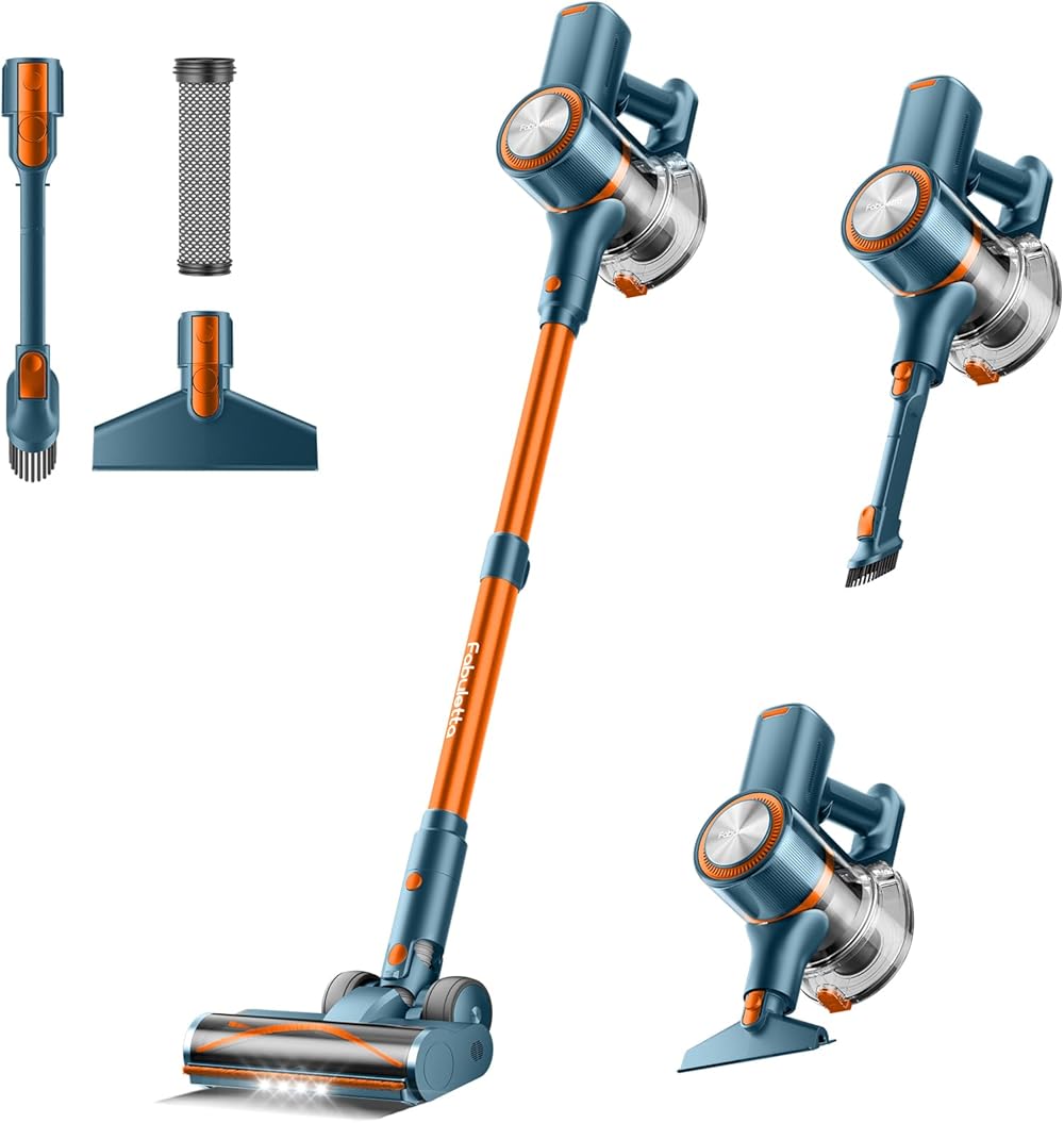 FABULETTA Cordless Vacuum Cleaner, 38Kpa Powerful Suction Up to 50 Min Runtime, 8 in 1 Lightweight Stick Vacuum Cleaner with Brushless Motor, Great for Pet Hair & Hard Floor （Green-Orange）