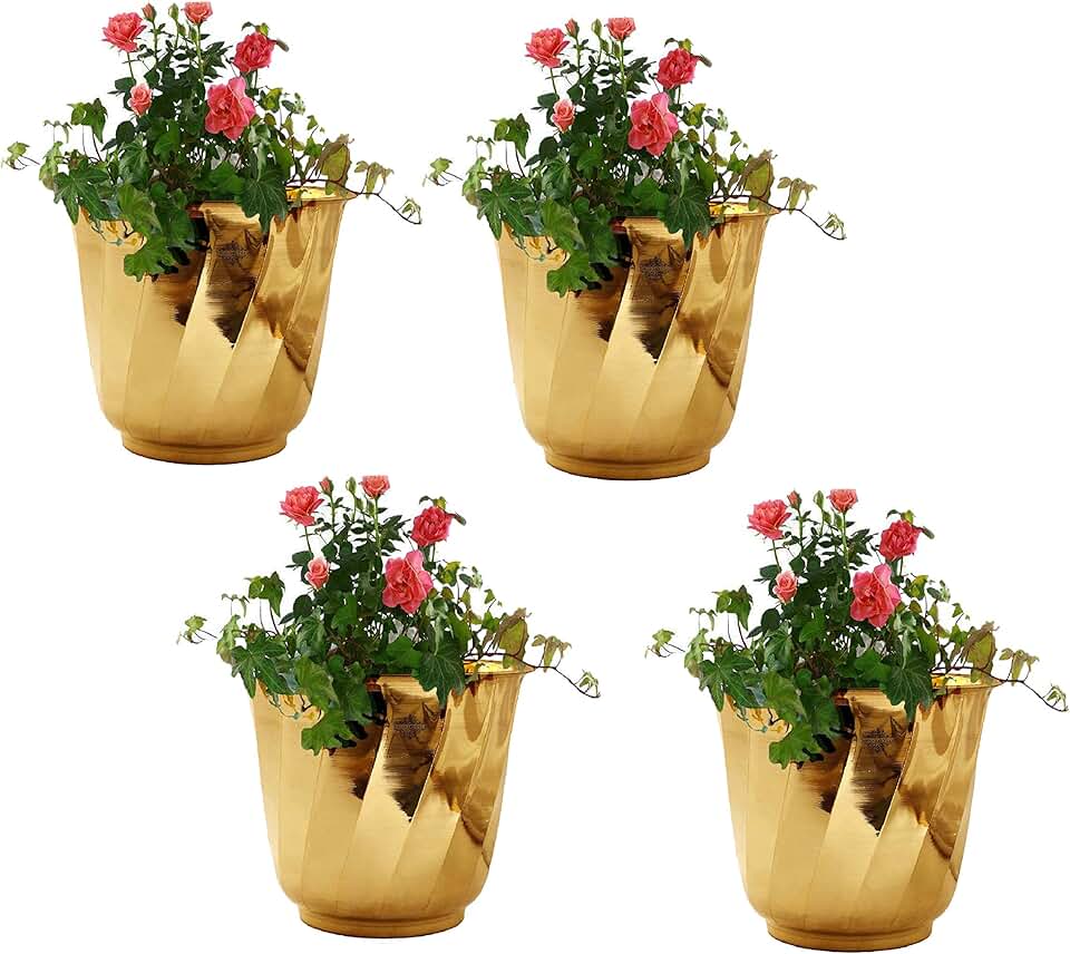 Indian Art Villa Pure Brass Lining Design Planter, Home décor, Planting, Size- 8.4x10 inches, Set of 4