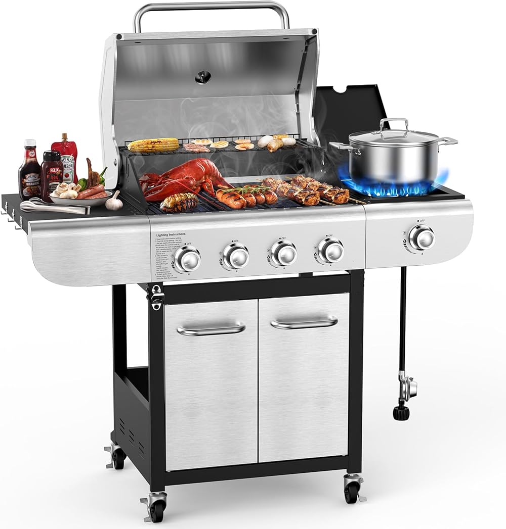 COWSAR 4-Burner BBQ Propane Gas Grill, 44000 BTU Stainless Steel Barbecue Grill with Side Table, 10000 BTU Side Burner, 4 Casters Easy Mobility, Ideal for Outdoor Patio Garden Picnic Backyard Cooking