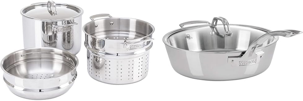 Culinary 3-Ply Stainless Steel Pasta Pot, 8 Quart, Includes Pasta & Steamer Insert & Culinary Contemporary 3-Ply Stainless Steel Sauté Pan, 4.8 Quart