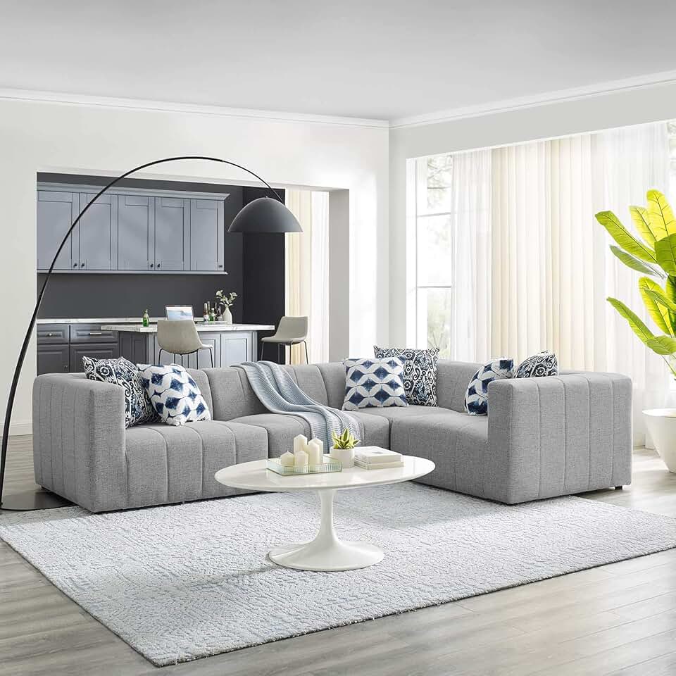 Modway Bartlett Channel Tufted Upholstered Sectional Sofa, 4-Piece L-Shape, Light Gray