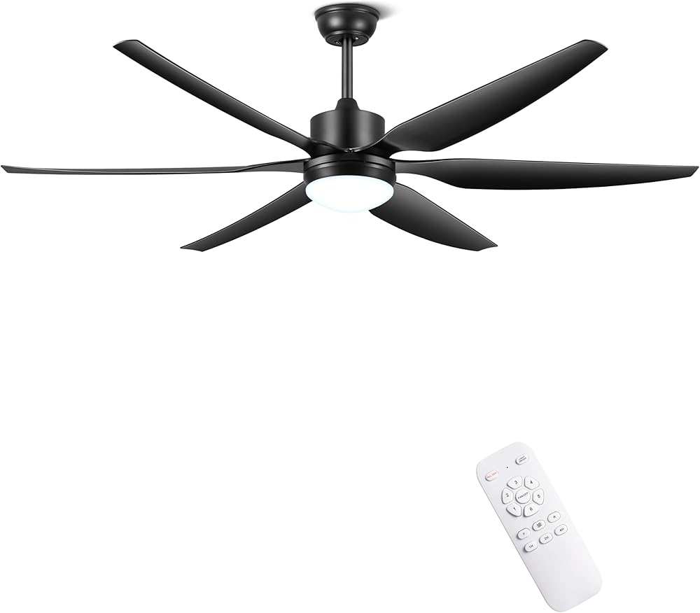 66'' Ceiling Fan with Lights Remote Control, Large Ceiling Fan Black, 6 Blades 6 Speeds Ceiling Fan Light for Outdoor Indoor Patio Living Room Porch Office Garage Shop Factory Warehouse