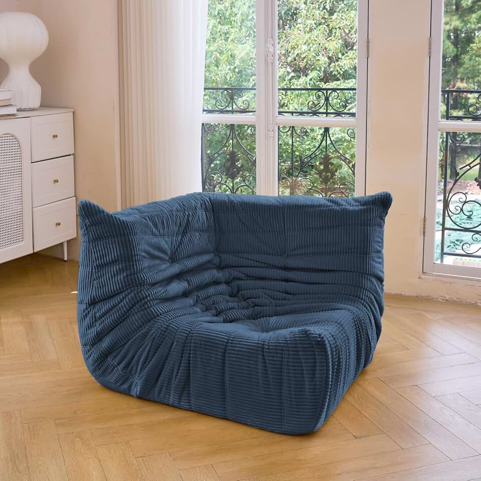 N&V Fireside Corner Chair, Mid Century Armless Floor Sofa, Soft Premium Corduroy Floor Lounge Chair, Foam Sofa Accent Chair for Living Room Bedroom and Office (Prussian Blue)