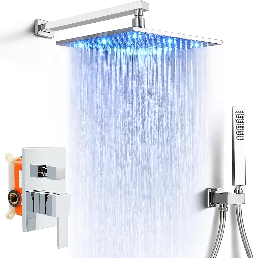 Bathroom Shower Faucet Set LED 12 Inch Shower Fixtures System Rainfall Shower Head Set Wall Mount with 2 Function cUPC Shower Valve, Polished Chrome