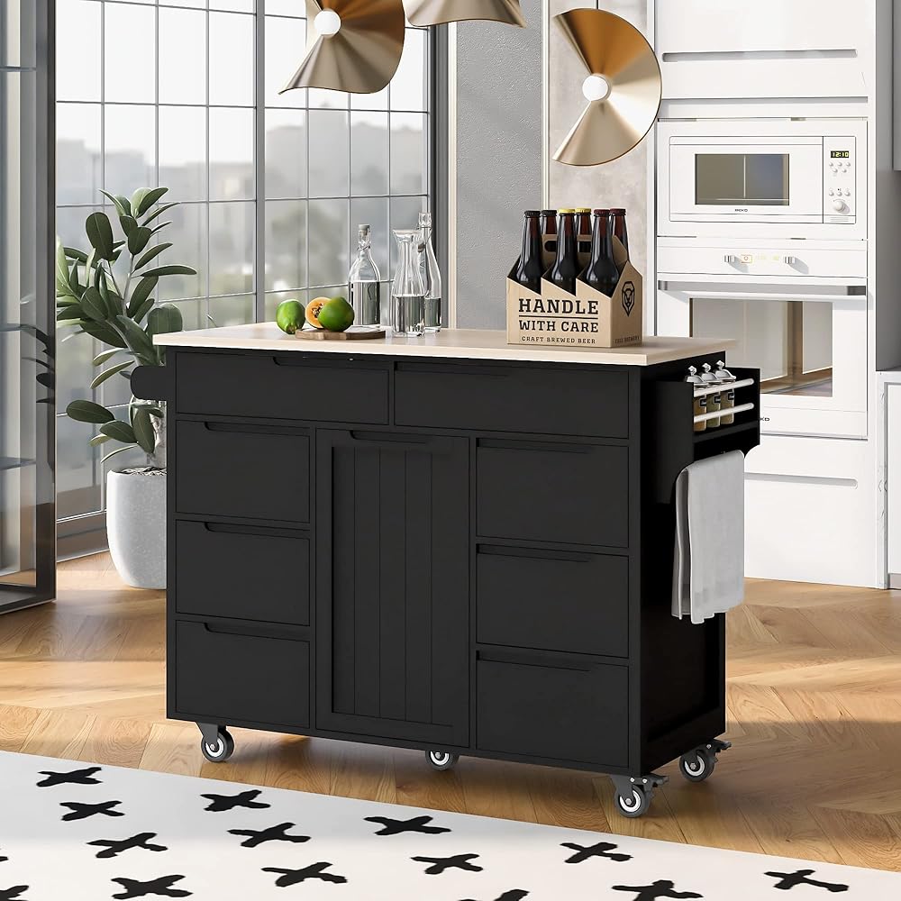 Multifunctional Island 8 Handle-Free Drawers Including a Flatware Organizer&Inner Storage Cabinet,Mobile Cart W/Wood Countertop&5 Wheels for Kitchen Dinning Room,Black, 53.15