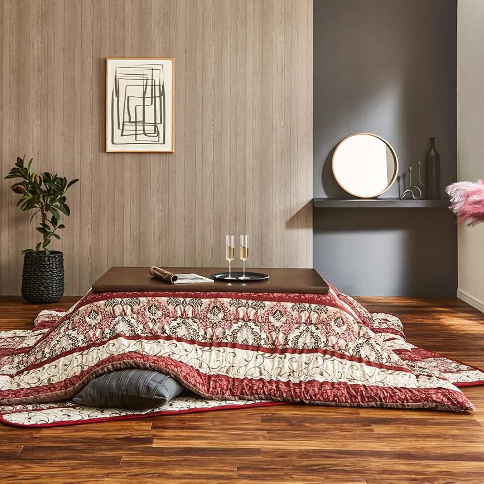 IKEHIKO Kotatsu Futon & Mat Set Comforter, Fluffy Premium Cotton Flannel, Red Square Rectangle Shape Heater Blanket Table, Japanese Craftsman, Made in Japan 2676 (Futon:205×205cm & Mat:190×190cm)