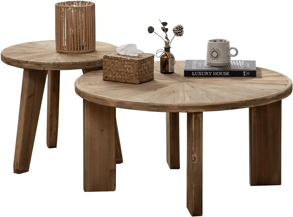 Farmhouse Living Room Coffee Table Set of 2, Modern Circle Nesting Table Round Natural Finish with Handcrafted Old Solid Wood, Wooden Unique Coffee Table