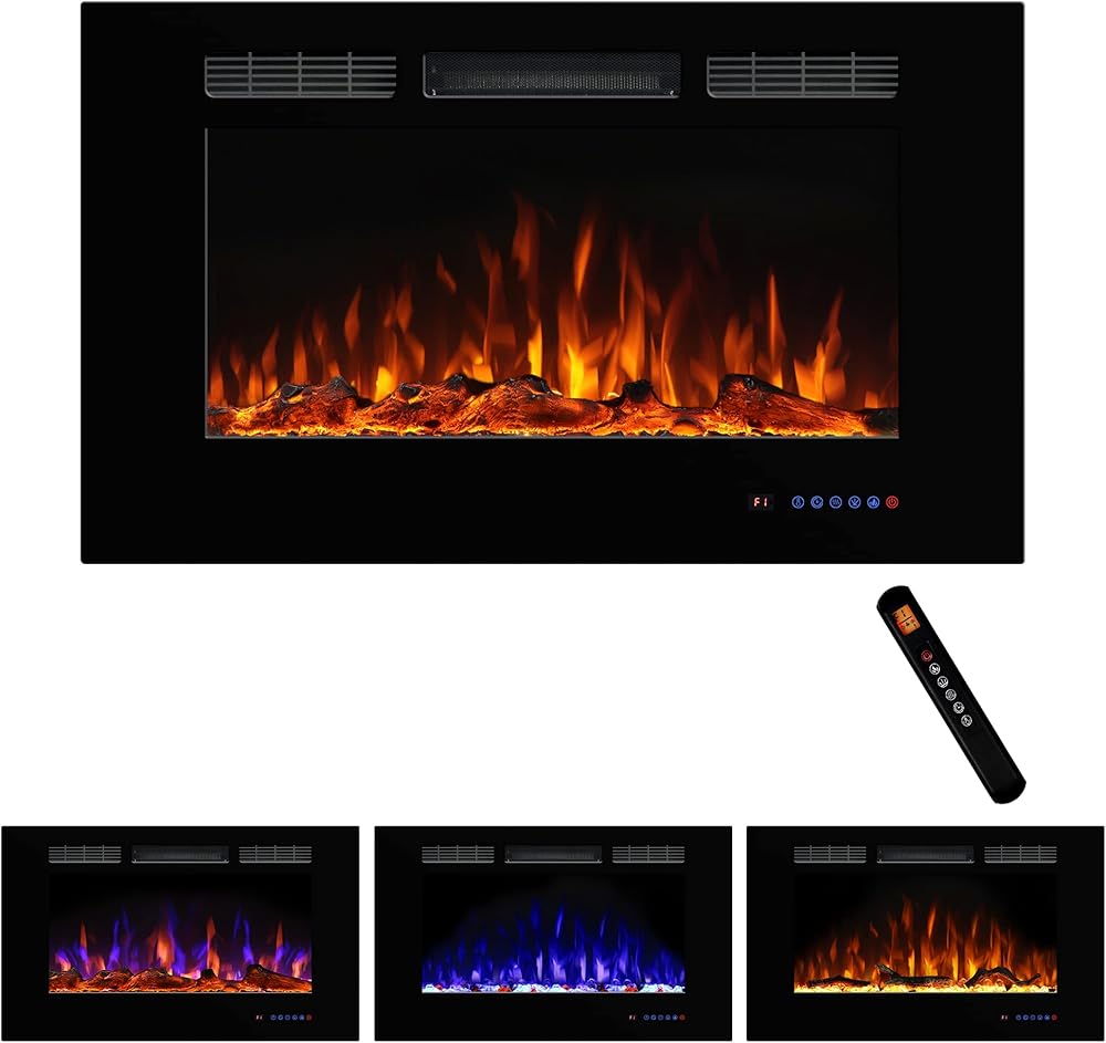 Electric Fireplace 36inches, Wall-Mounted & Recessed Fireplace Inserts, Multicolor Flame w/5 Dimmer, Remote Control Thermostat, Timer, Overheating Protection, Hardwire Connect, 1500W,Black