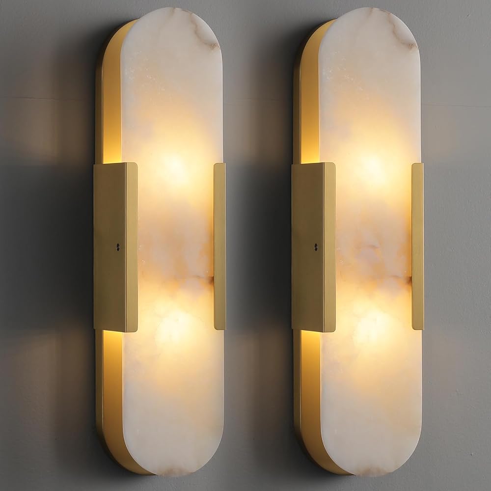 Wall Sconces Set of 2, Alabaster Wall Light, 19.7'' Indoor Vanity Light Fixtures for Bathroom,Brass Bedside Wall Lamp Perfect for Hallway, Living Room