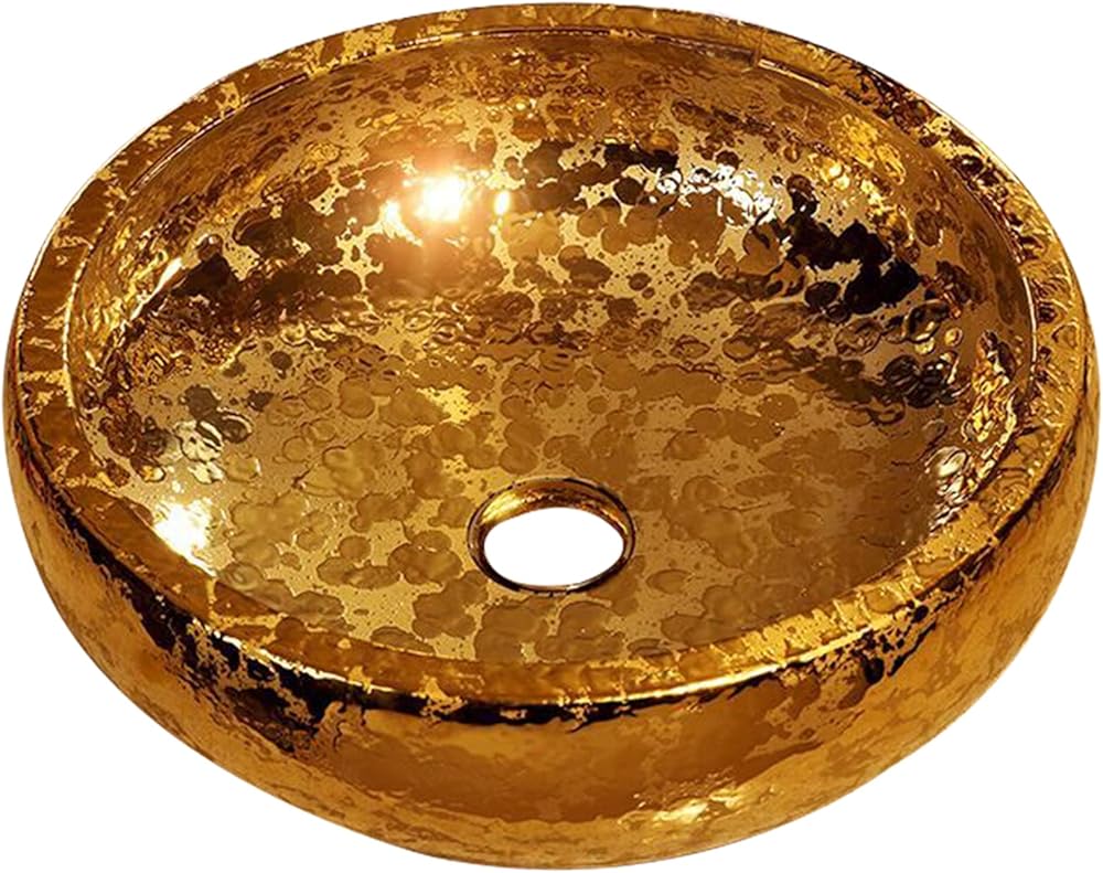 Luxury Gold Vanity Top Round Sink Bowl Ceramic Bathroom Vessel Sinks for Bar And Cloakroom|1 Sink Only|Dia.42cmxH15cm