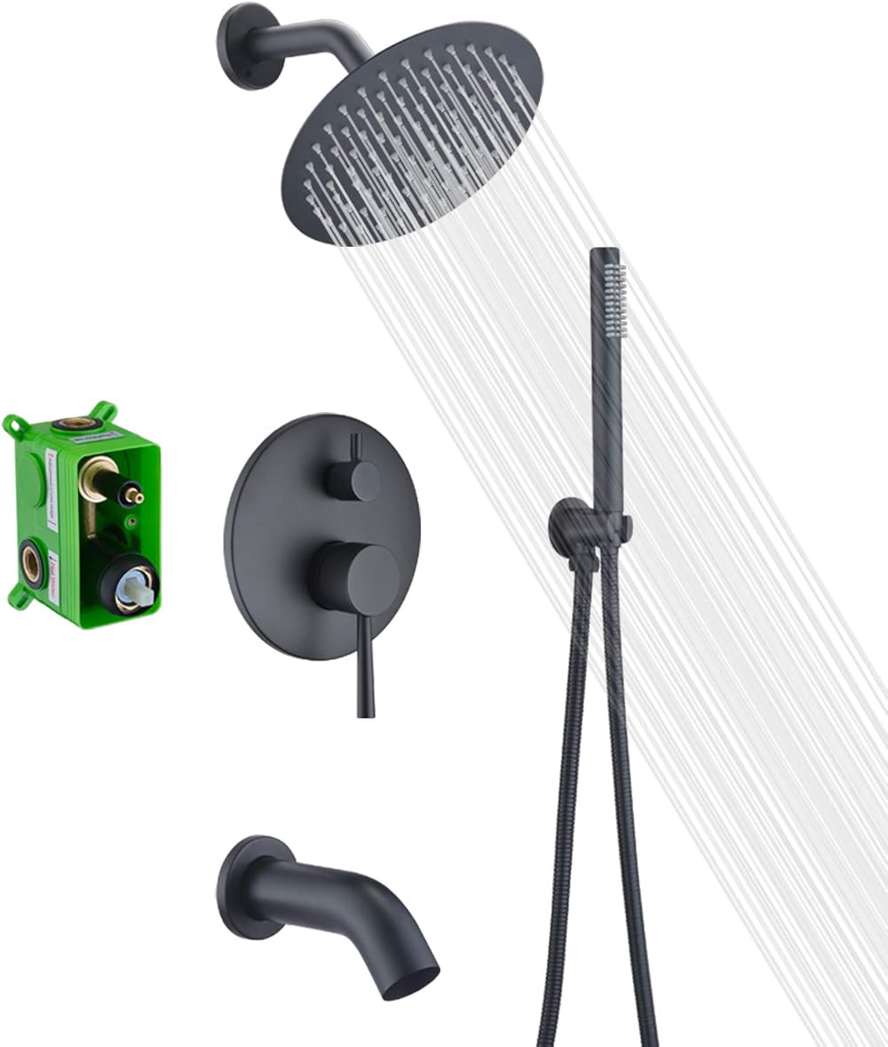 Matte Black Rain Shower Systems with Waterfall Tub Spout, Shower Faucets Sets Complete with 8 Inches Rain Shower Head and Handheld