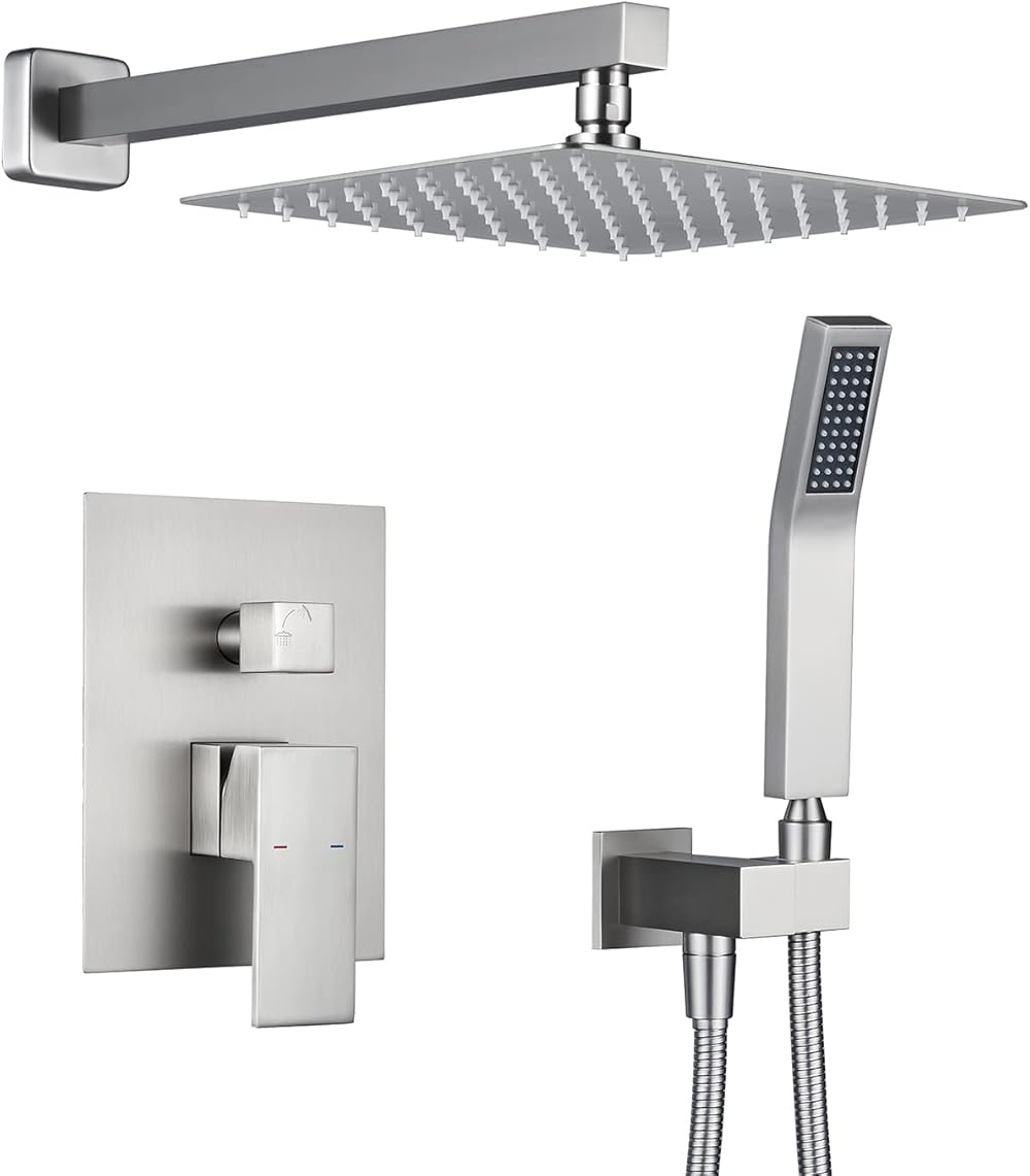 Shower System 10 Inches Rain Shower Combo Set Brushed Nickel Wall Mount Faucet Bathroom Faucets with Rainfall Shower Head and Hand Shower