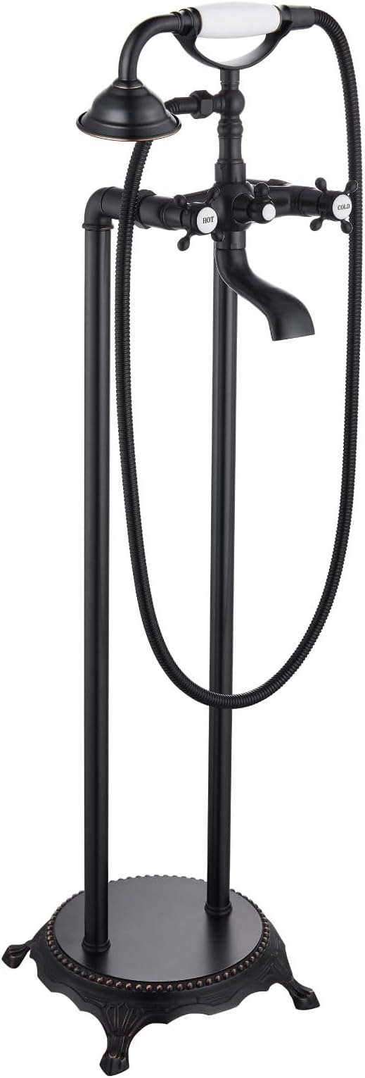 gotonovo Oil Rubbed Bronze Freestanding Bathtub Faucet Floor Mount Tub Filler Double Cross Knobs Bathroom Mixing Tap with Handheld Shower Telephone Shape