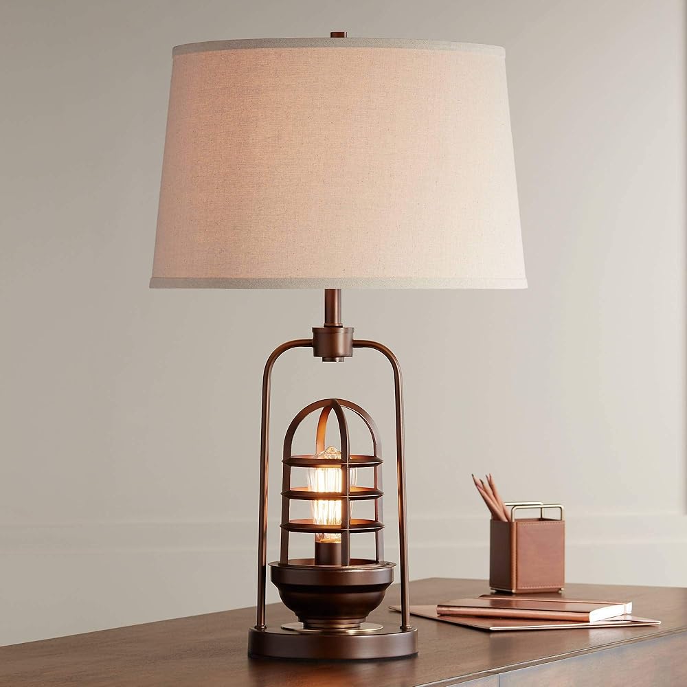 Franklin Iron Works Hobie Industrial Table Lamp with Nightlight Antique LED Edison Bulb 27.5