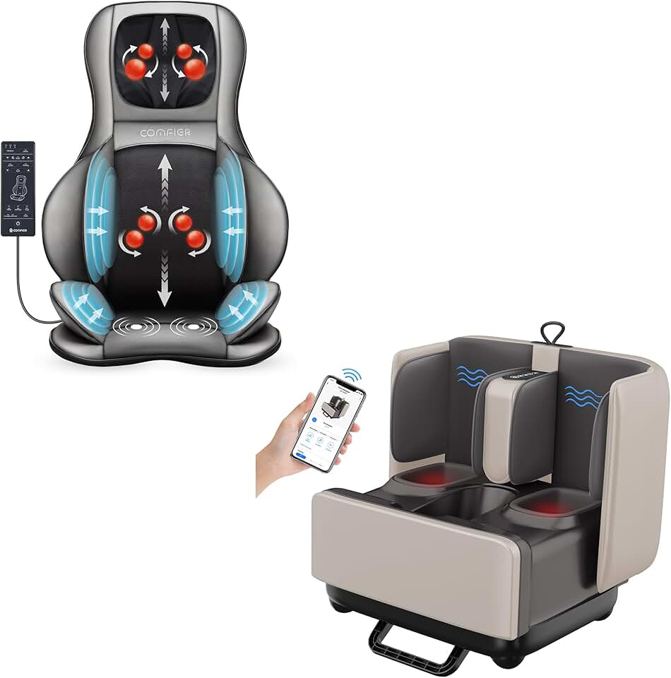 COMFIER Shiatsu Neck Back Massager with Heat, 2D ro 3D Kneading Massage Chair Pad, 2-in-1 Shiatsu Foot Massager&Foot Rest,Foot and Calf Massager with APP Control,Heated Feet Massager,Calf Massager
