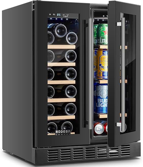 BODEGACOOLER 24 Inch Dual Zone Wine and Beverage Refrigerator,Freestanding Wine Beverage Fridge,Under Counter Wine Cooler Fridge With Glass Door,Hold 21 Bottles and 57 Cans,LED light,black, JC-150WM