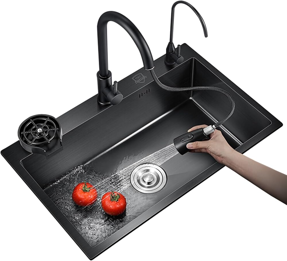 Drop in Kitchen Sink Stainless Steel Single Bowl Black Workstation Sink Topmount Kitchen Sinks with Faucet Combo and Cup Washer (Color : Black, Size : 60 * 45cm)