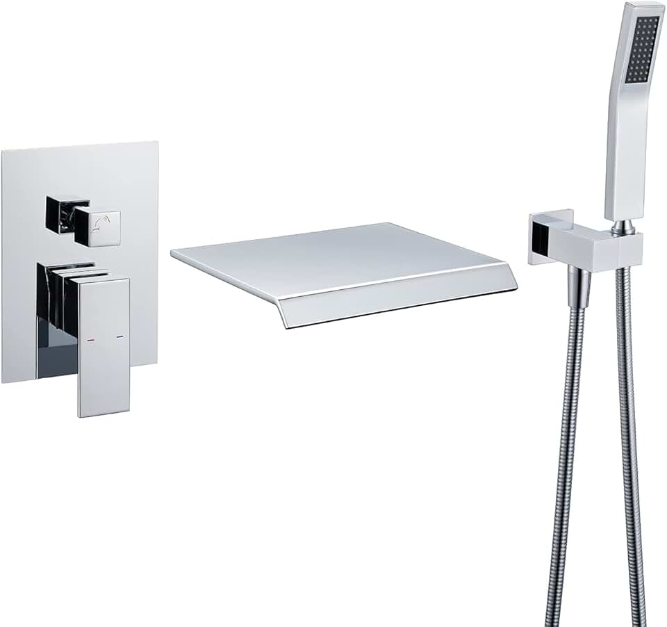 Wall Mount Tub Filler Waterfall Tub Faucet Chrome Bathtub Faucet Brass Single Handle Bathroom Faucet with Hand Shower