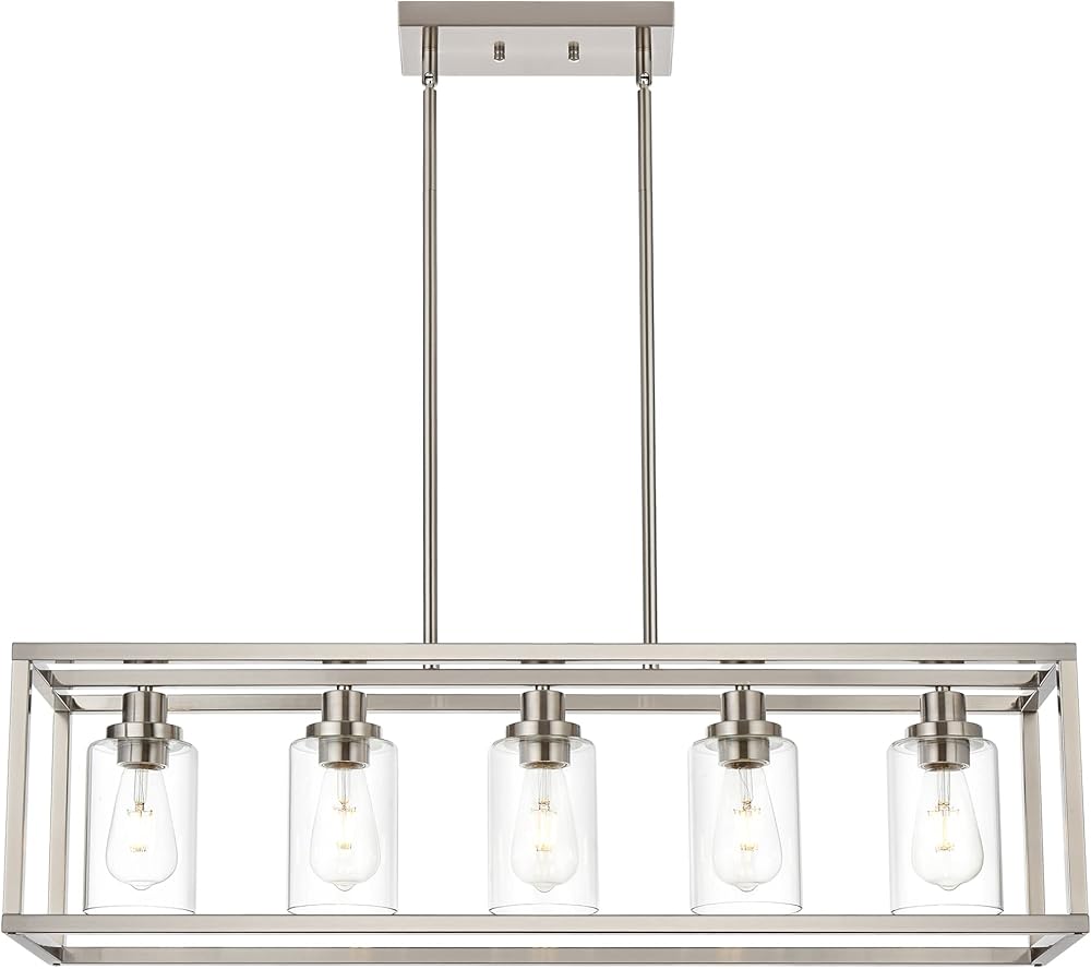 MELUCEE 5-Light Dining Room Lighting Fixture Hanging Brushed Nickel Modern Pendant Lighting Contemporary Chandeliers with Clear Glass Shade for Kitchen Island Living Room Bedroom