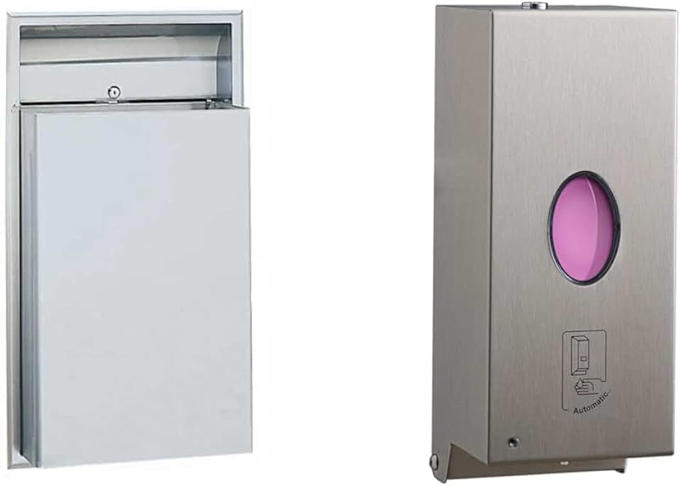 Bobrick Stainless Steel 12 Gallon Recessed Waste Receptacle Bundle with 30 Fl Oz Automatic Wall-Mounted Liquid Soap Dispenser