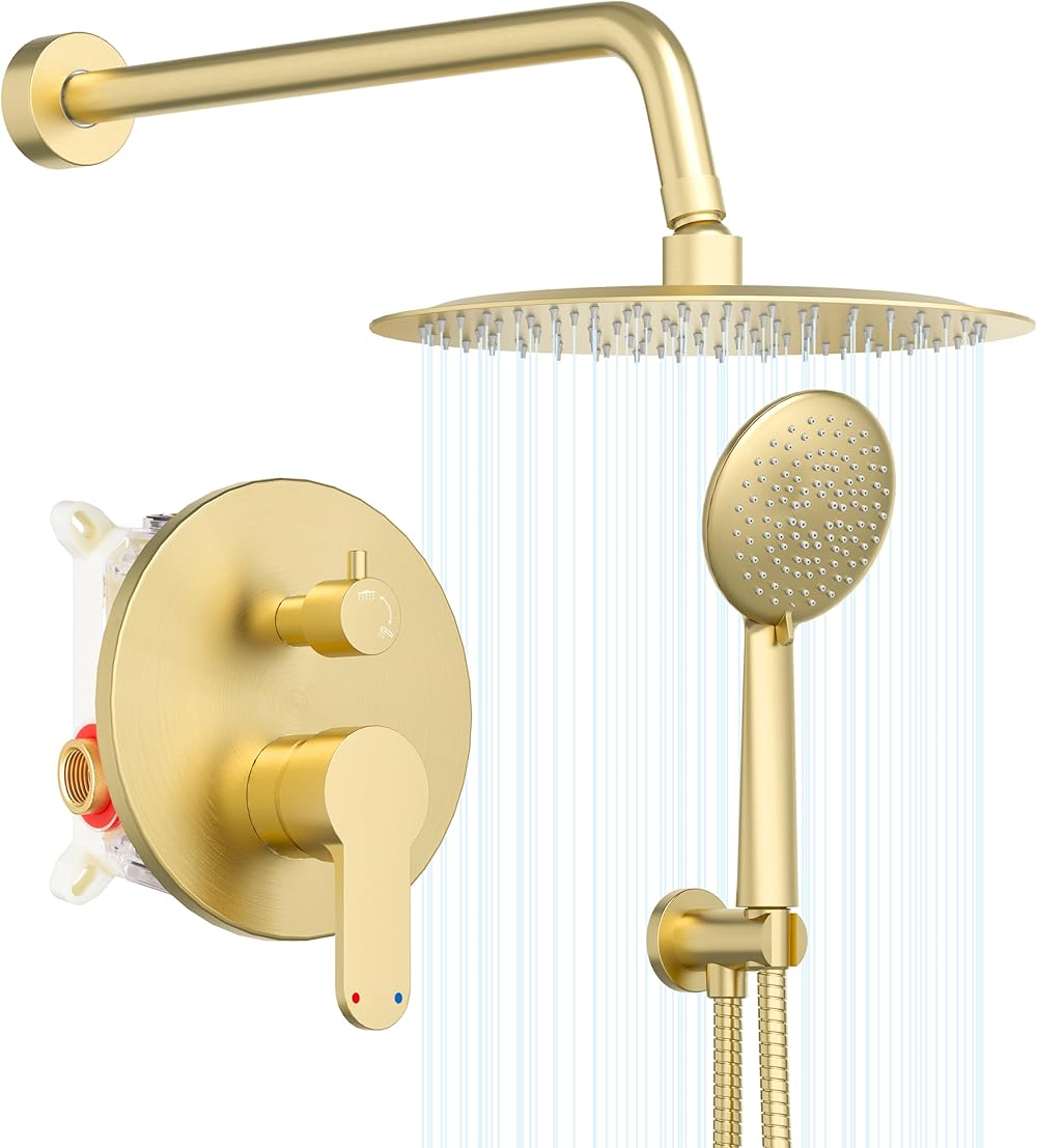 Gabrylly Shower System Gold, 10 Inch Shower Faucet Set with High Pressure Rain Shower Head and handheld, Rainfall Shower Combo Set with Shower Valve Kit