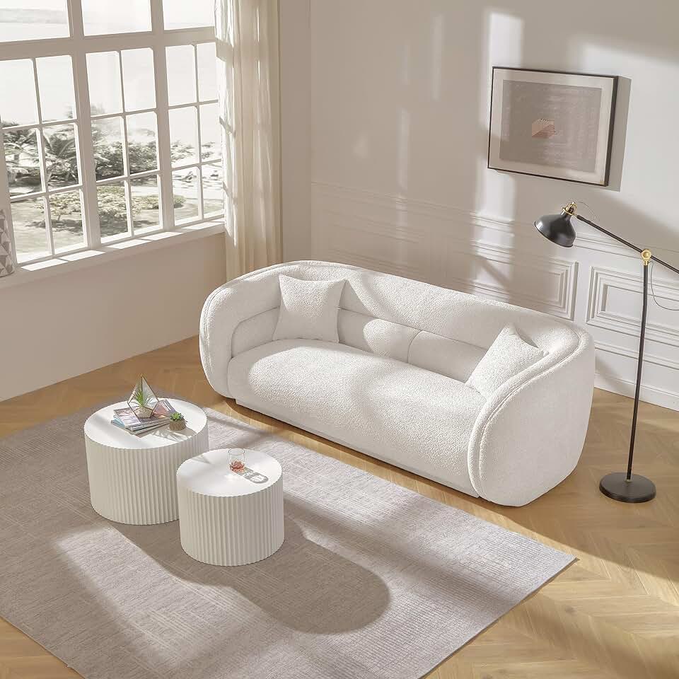 Curved Cloud Sofa Luxury Teddy Fleece Sectional Couch Oversized Loveseat Minimalist Modular Sofá Boucle Fabric Accent Futon Sofa&Couch 3-Seater with 2 Pillows for Living Room Office Dorm Salon