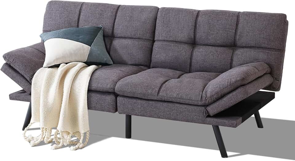 QAIIOO Memory Foam Futon Sofa Bed, Modern Loveseat Sleeper with Adjustable Armrests and Backrest, Small Futon Couch Bed for Living Room, Office, Grey
