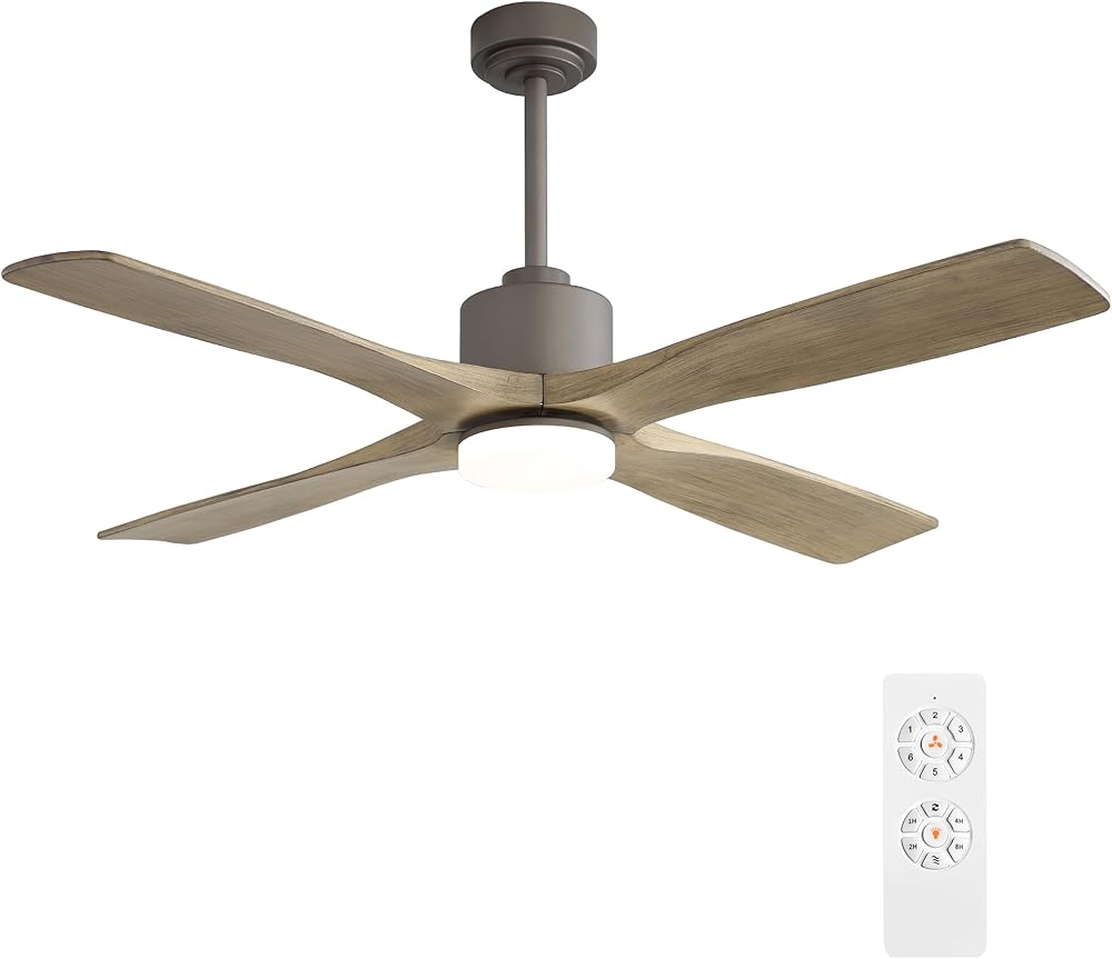 54 Inch DC Ceiling Fan with Lights and Remote Control, 4 Carved Solid Wood Blades, 6-Speed Noiseless Reversible DC Motor, Modern Ceiling Fan in Graphite Finish with Gray Blades, ETL Listed