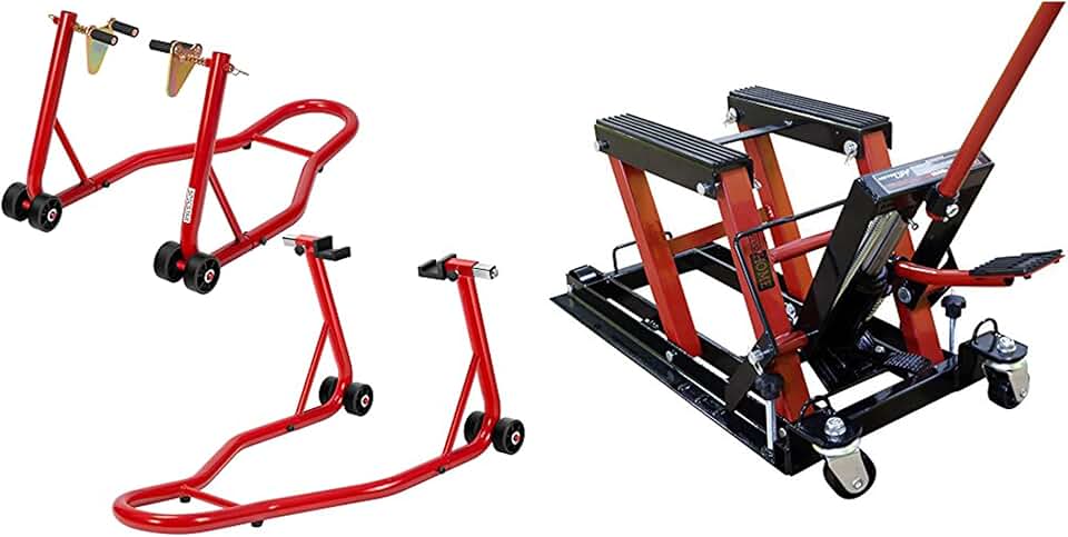 SPECSTAR Heavy Duty Motorcycle Front Rear Wheels Lift Universal Sport Bike Swingarm Spool Paddock Stand Combo with VIVOHOME Steel Hydraulic Motorcycle ATV Lift Jack Hoist Stand 1500 lbs