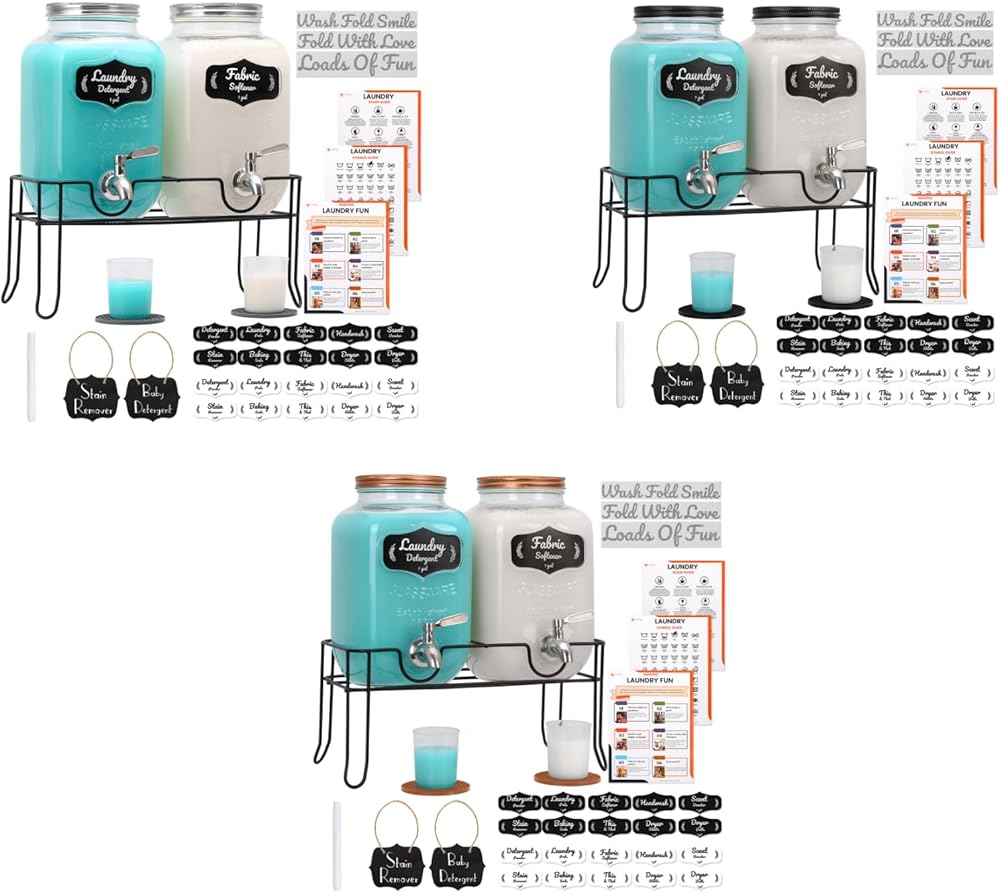 AMEY 1 Gallon Decorative Fabric Softener & Laundry Soap Dispenser - SS Lid and Black Lid and Rose Gold Lid