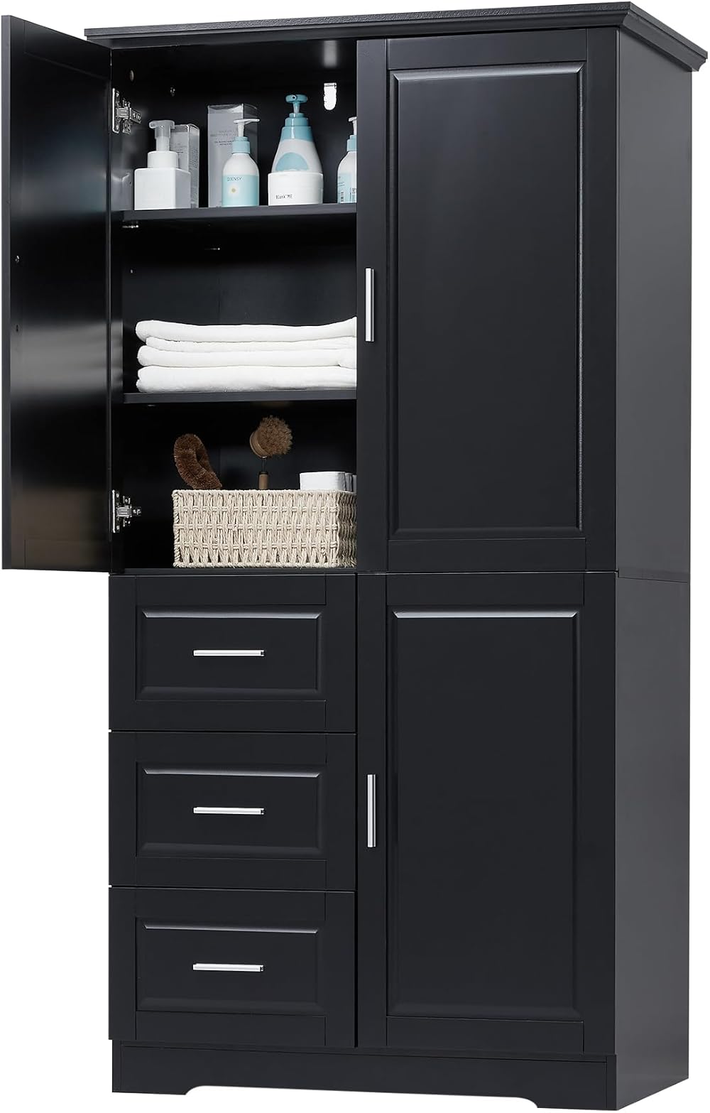 Merax Storage Cabinet with Three Drawers and Doors, Wide Pantry Cupboard for Kitchen, Living Room and Bathroom, Adjustable Shelf, Black