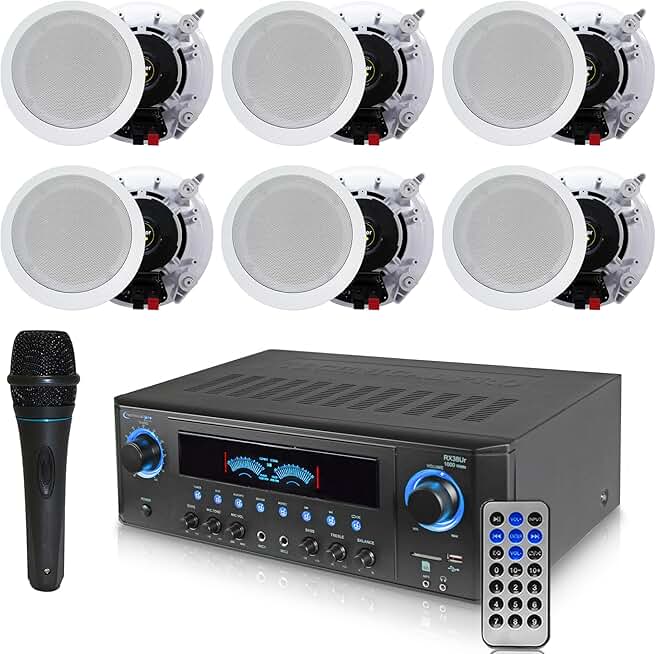 Technical Pro 1000 Watts Professional Home Theater Receiver System Kit w Portable Microphone with Digital Processing and Remote 6 Qty of 5.25” Ceiling Wall Mount Framed Speakers