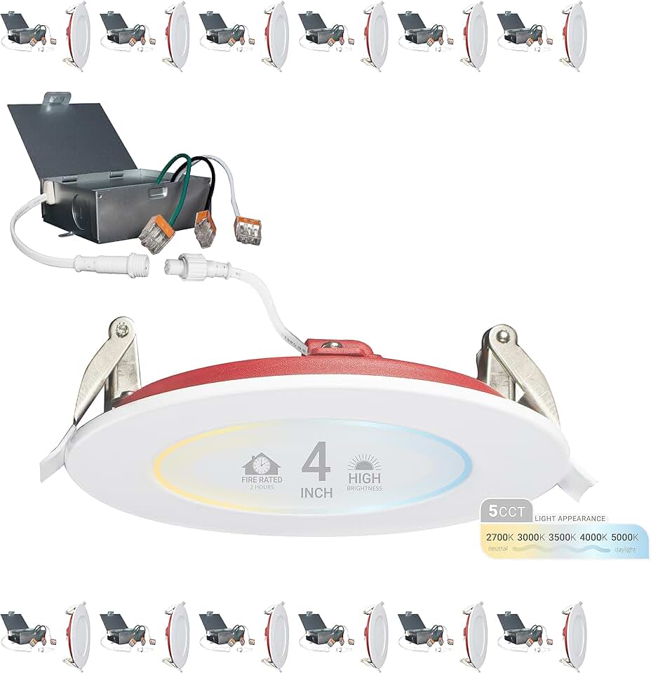 NUWATT 12 Pack, 4 Inch Ultra-Thin LED 2 Hour FIRE Rated Recessed Light, 2700K/3000K/3500K/4000K/5000K Selectable, 850 Lumens, Dimmable, IC Rated, Wet Rated Canless LED Downlight, No Fire Cone Needed