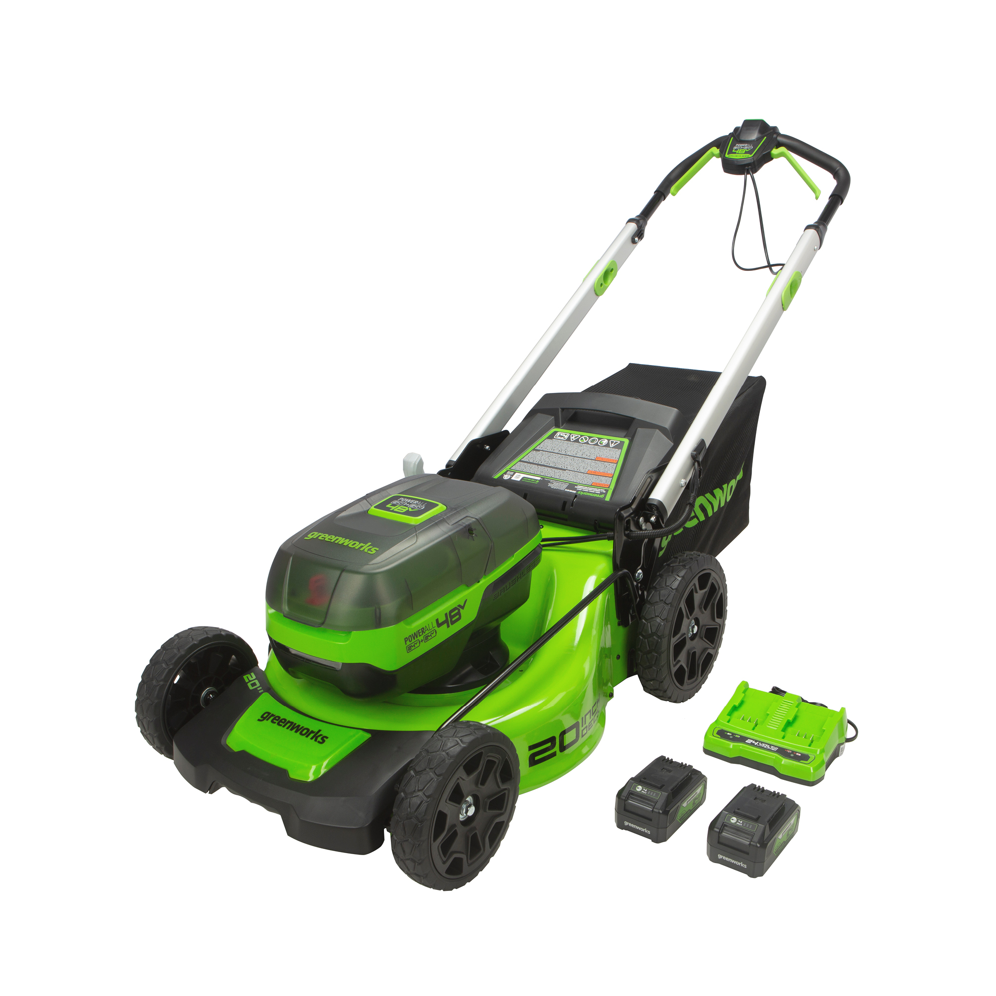 Greenworks 48V (2x24V) 20-inch Brushless Lawn Mower with (2) 4.0 Ah USB Batteries and 4A Dual Port Charger, 2532802