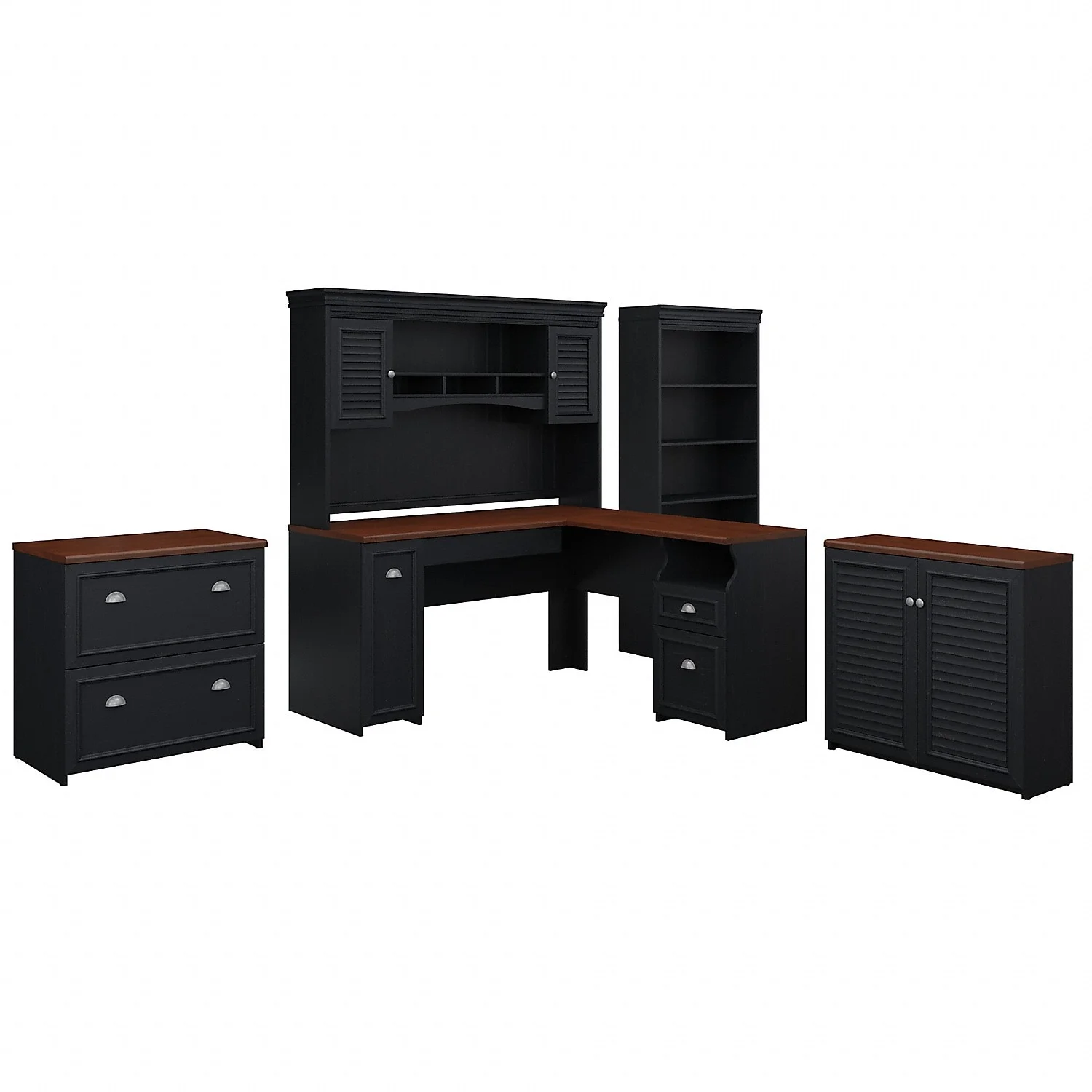 Fairview L Desk 5 Pc Office Set with Storage in Antique Black - Engineered Wood