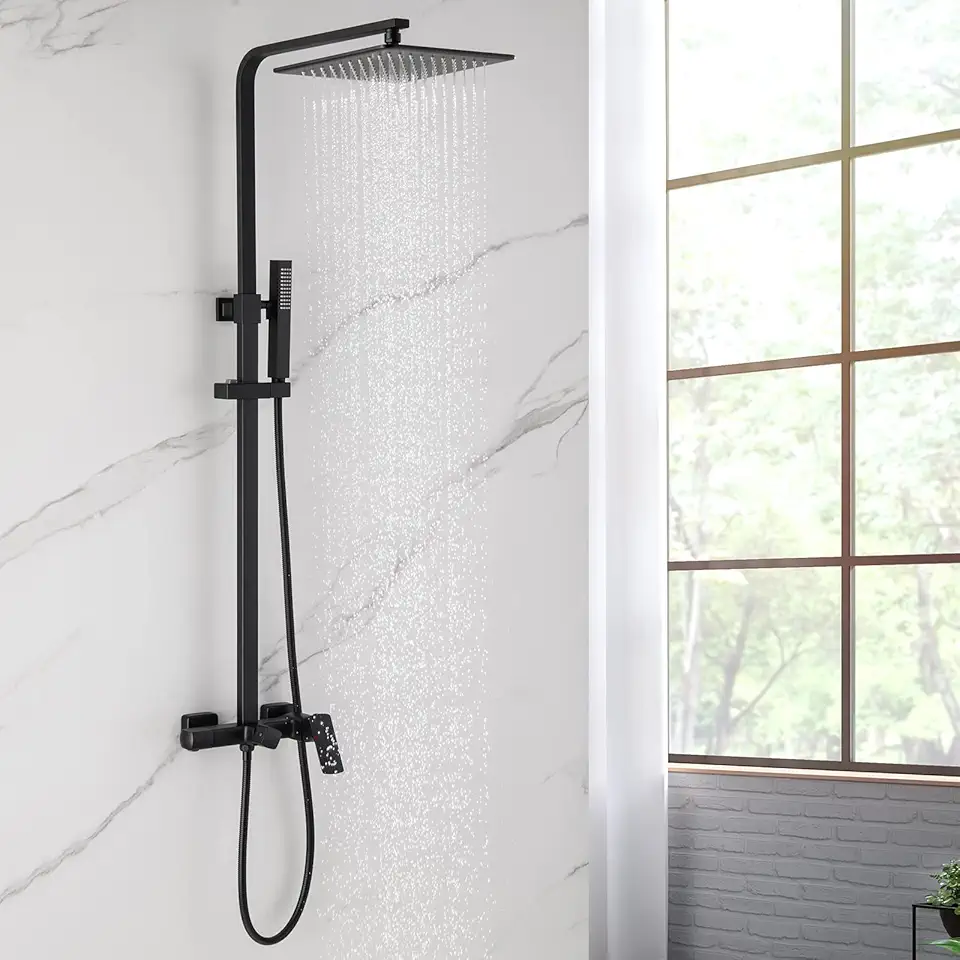 RBROHANT Matte Black Exposed Shower System with Tub Spout, 3-Functional Exposed Shower Fixtures with Brass Valve, Shower Height Adjustable, Wall Mounted, RB0881