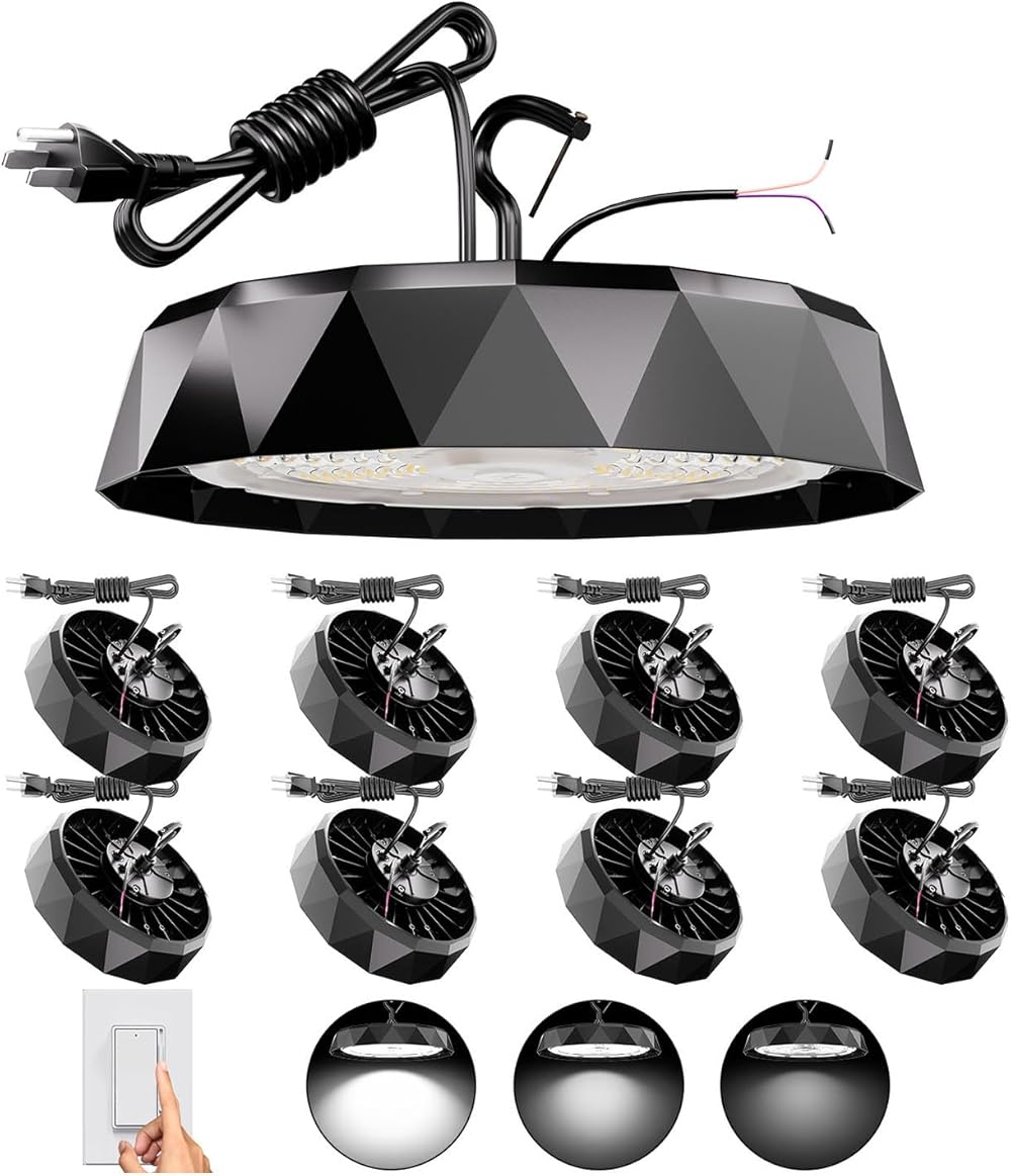 UFO LED High Bay Light 150W 8 Pack, 24000LM 5000K, 0-10V Dimmable, 5ft Cable with Plug, AC120-277V IP65 Commercial Bay Lighting for Gym Factory Warehouse - ETL/DLC