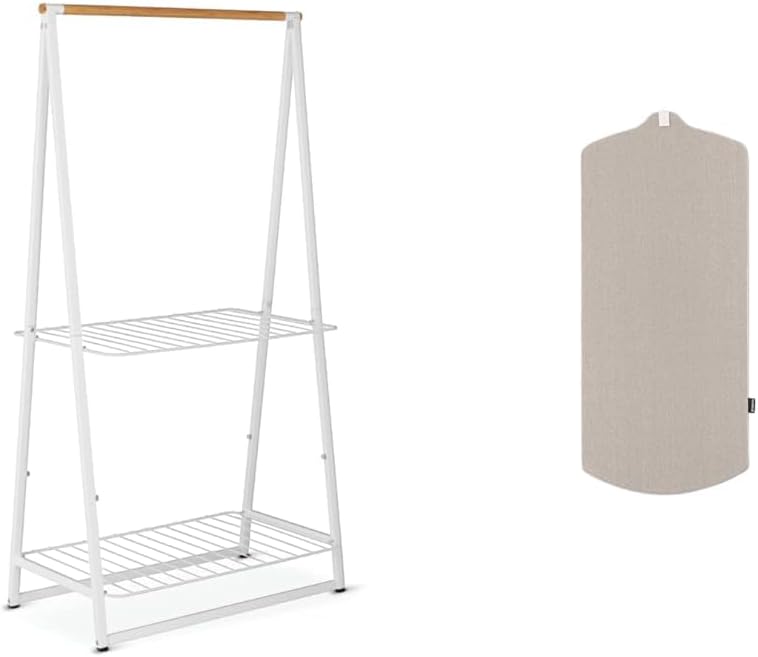 Brabantia - Linn Clothes Rack Large - Free Standing Clothing Rail (White) + Linn Steam Board - Removable Steamer Accessory - Heat Resistant Surface (Gray)