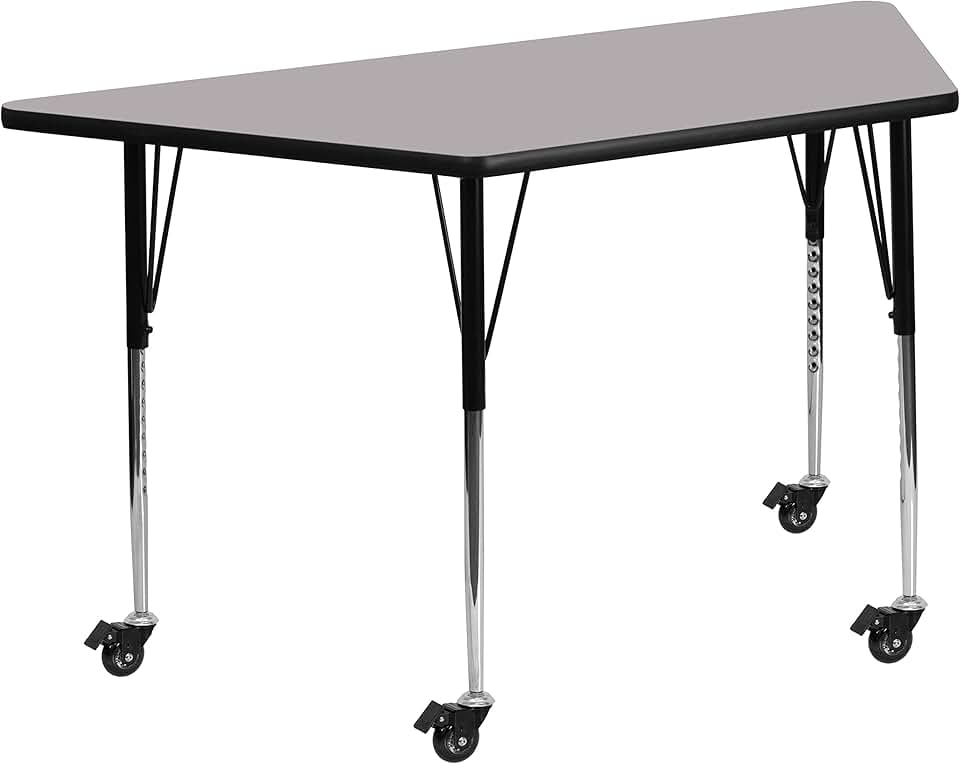 Flash Furniture Mobile 29''W x 57''L Trapezoid Grey Thermal Laminate Activity Table - Standard Height Adjustable Legs
