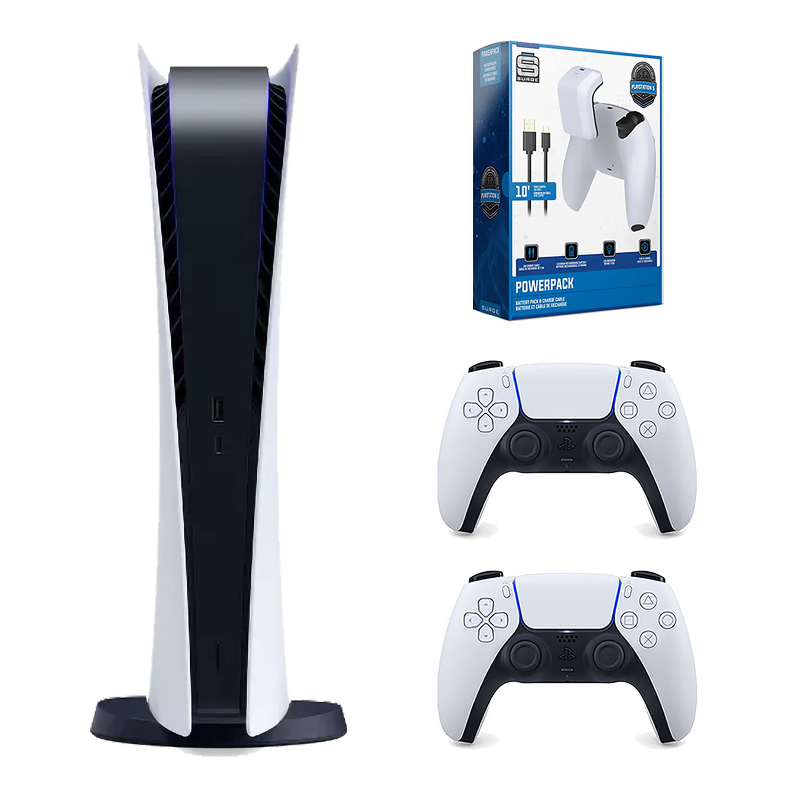 Sony Playstation 5 Digital Edition Console with Extra White Controller and Surge PowerPack Battery Pack & Charge Cable Bundle