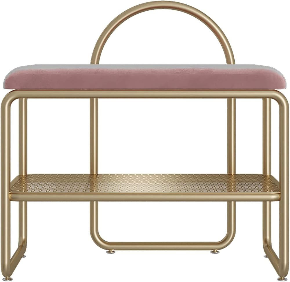 Shoe Storage Bench Entryway Hallway Furniture, Shoe Bench Storage Nordic Iron Art Shoe Rack with Seat Cushion for Entryway, Hallway, Closet, Dorm Room, 62 X 32 X 45 cm(Pink)