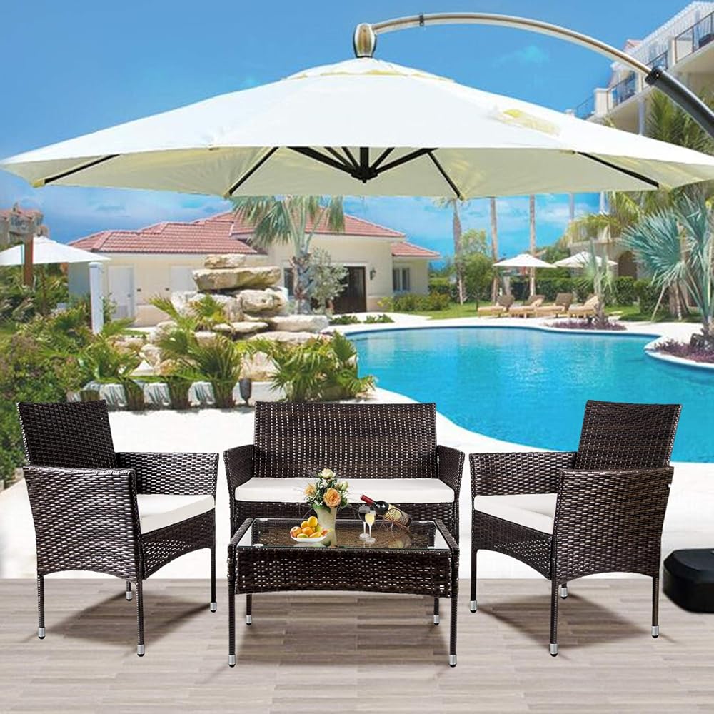 4 Pieces Patio Furniture Outdoor Rattan Chair Wicker Sofa Garden Conversation Sets with Soft Cushion and Glass Table for Yard, Pool, Backyard, Brown & Beige