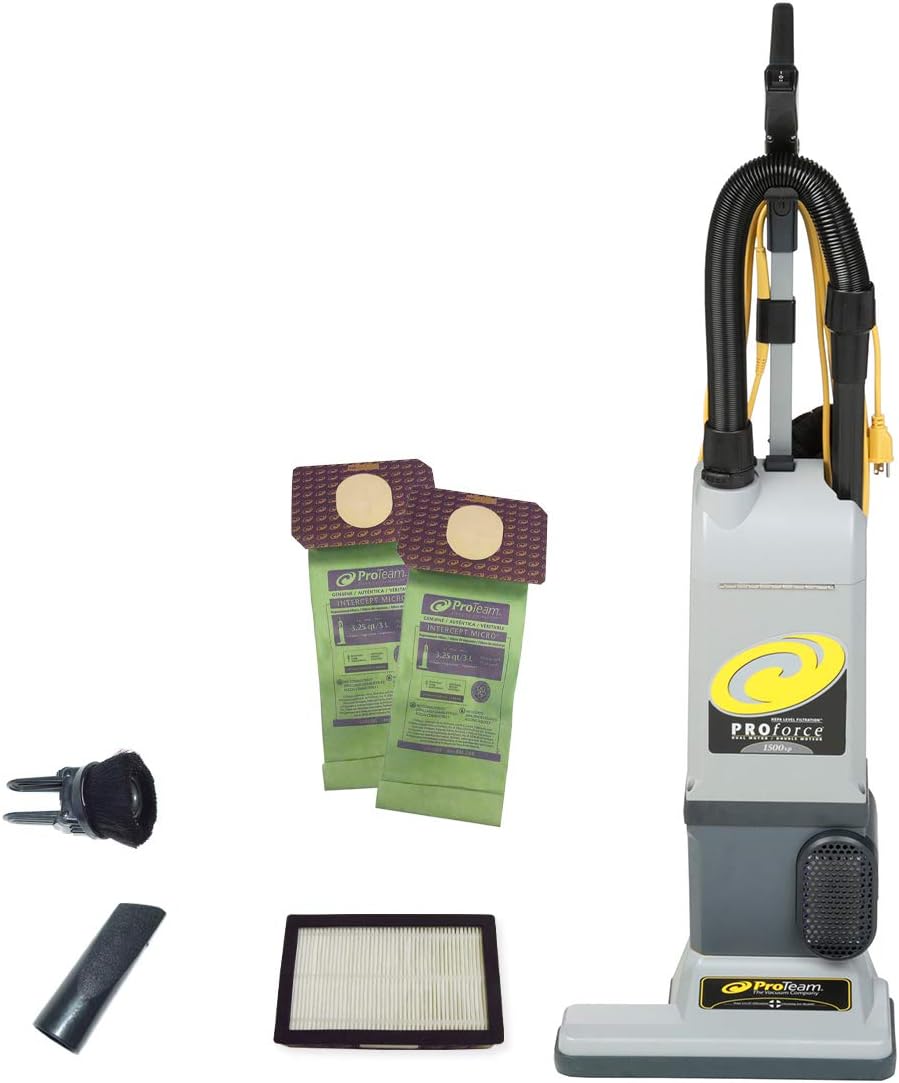 ProTeam ProForce 1500XP Bagged Upright Vacuum Cleaner with HEPA Media Filtration, Commercial Upright Vacuum with On-Board Tools, Corded