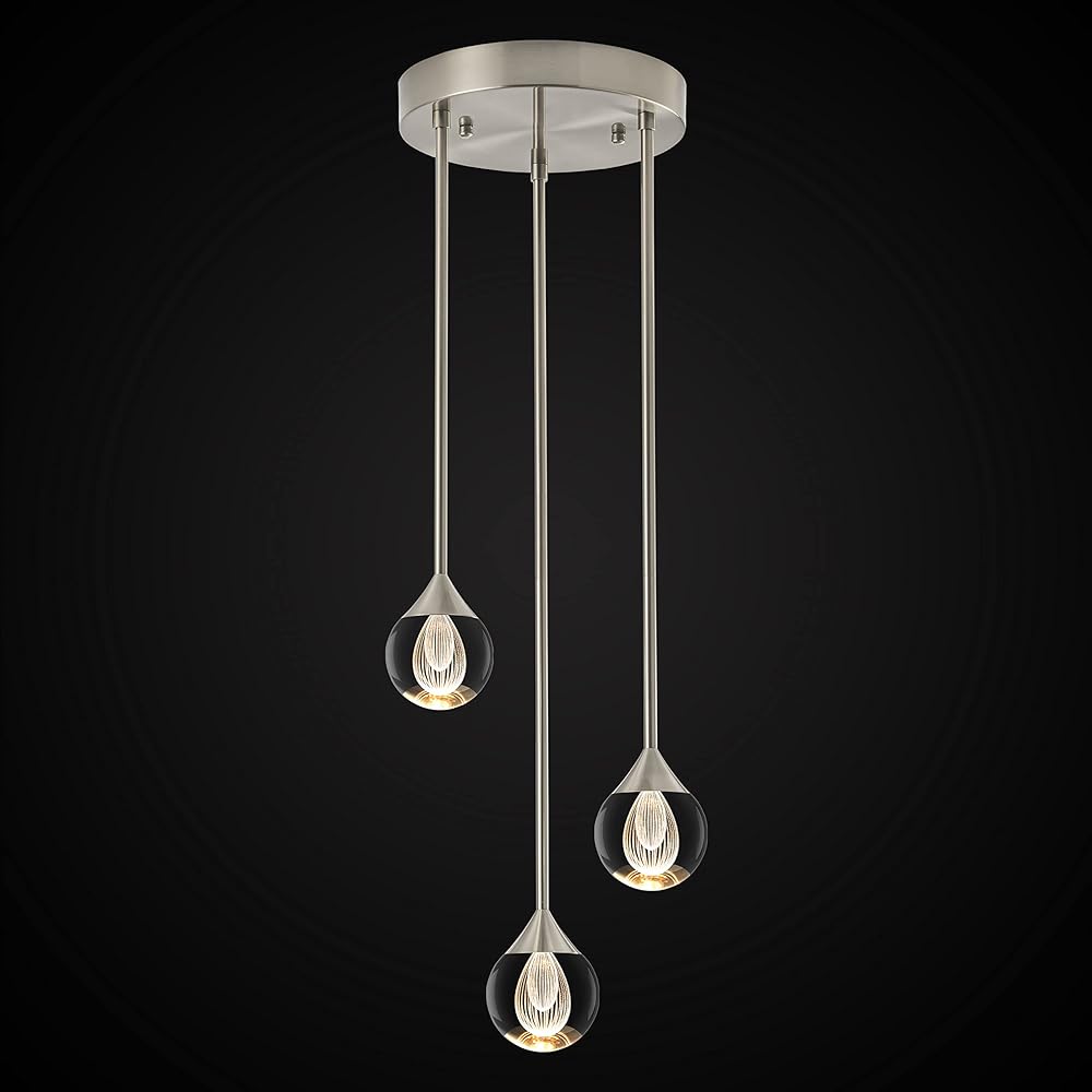 3-Light Teardrop Crystal Pendant Light, Dimmable LED Crystal Globe Hanging Light Fixture, Modern Ceiling Pendant Lighting for Kitchen Island Dining Room Bedroom Bar 3000K 24W Brush Nickel