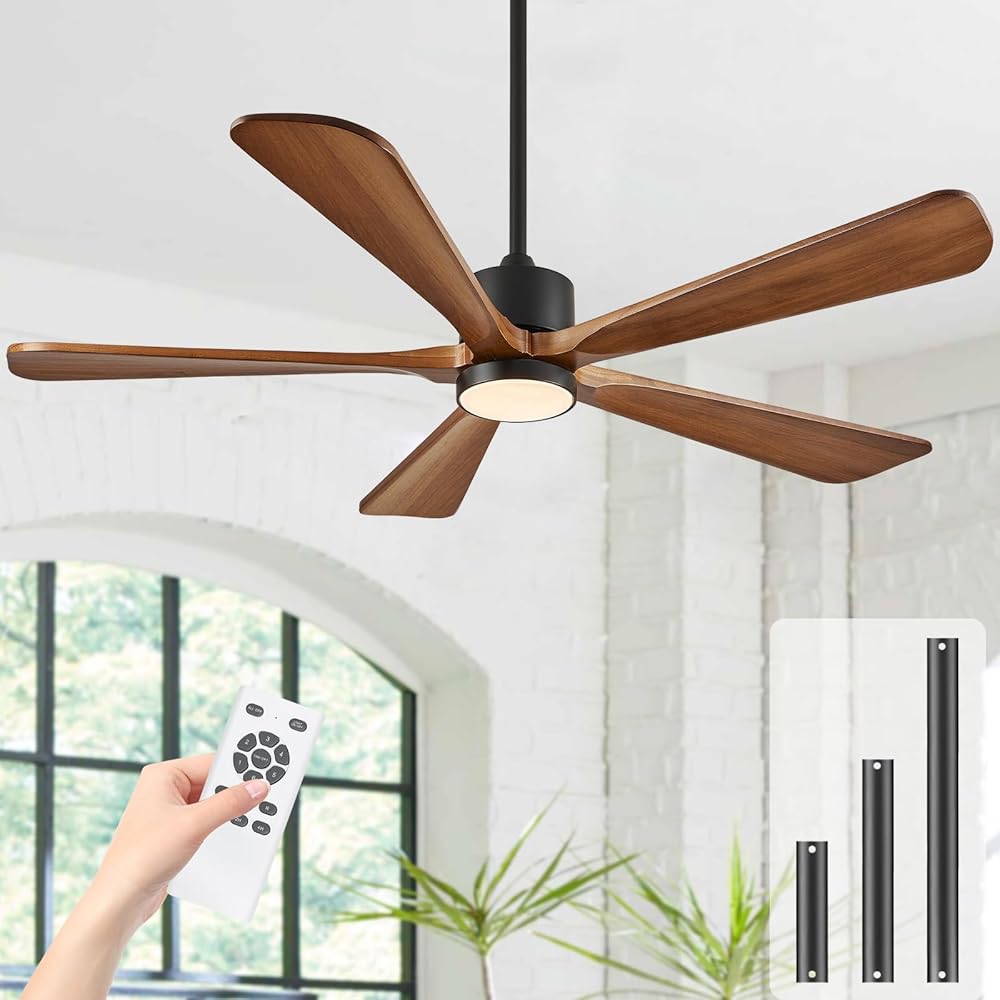 5 Blade Ceiling Fans with Lights, 60 inch Outdoor Ceiling Fans with Remote Control for Patio Bedroom, Modern Ceiling Fan with Light, 5 Solid Wood Blades 6-Speed Reversible DC Motor(Walnut)