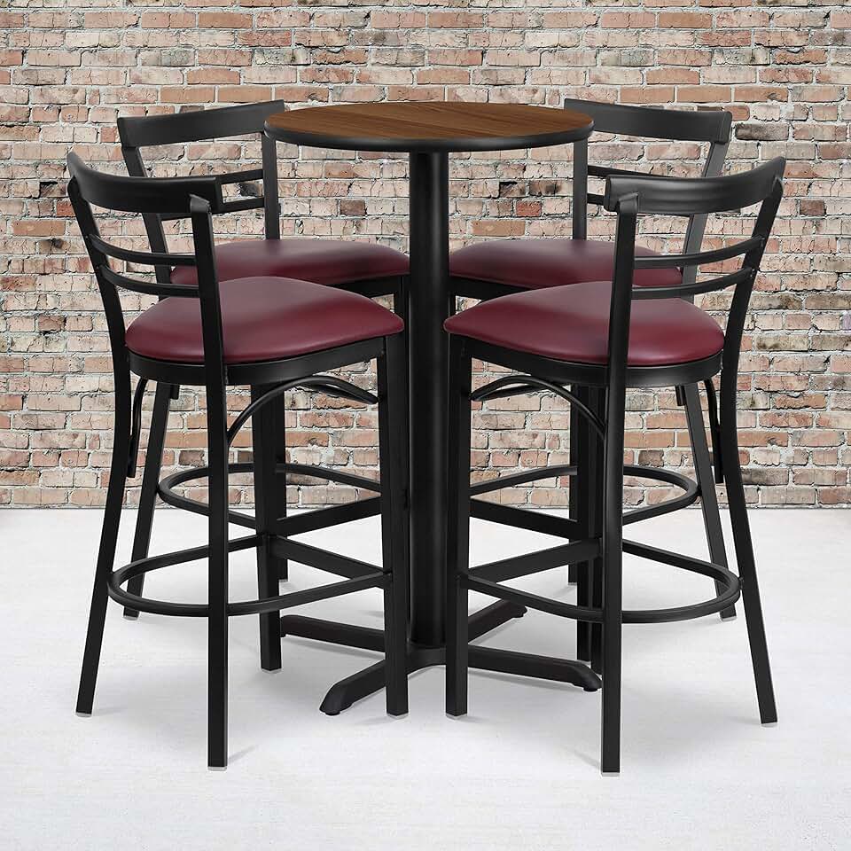 Flash Furniture Carlton 24'' Round Walnut Laminate Table Set with X-Base and 4 Two-Slat Ladder Back Metal Barstools - Burgundy Vinyl Seat