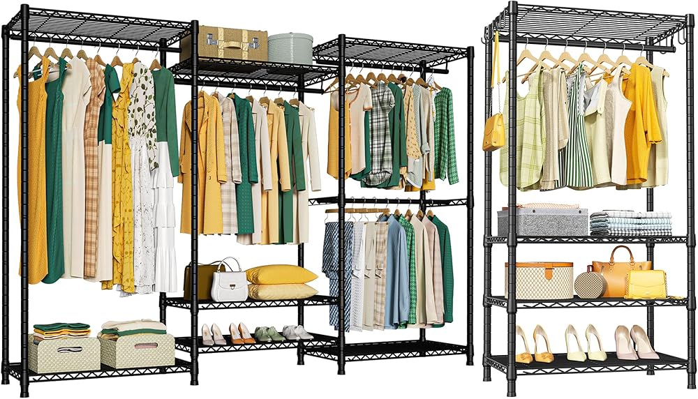 Ulif E8 and Portable Garment Rack Black Bundle, Clothes Rack, and Closet Storage System with Shelves and Expandable Hanger Rods, Freestanding Clothing Rack