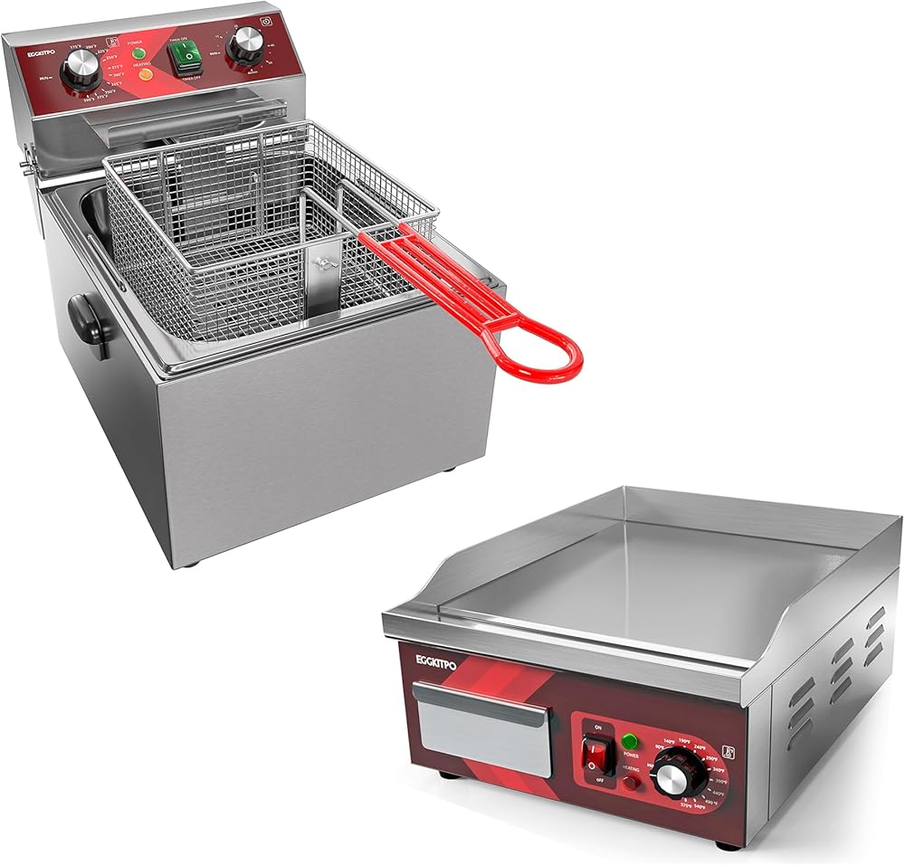 Electric Deep Fryer with Basket 10L(10.5QT) and 14 Inch Electric Griddle Non-Stick Commercial Countertop Griddles 90°F-575°F for Home or Restaurant Use 120V 1800W