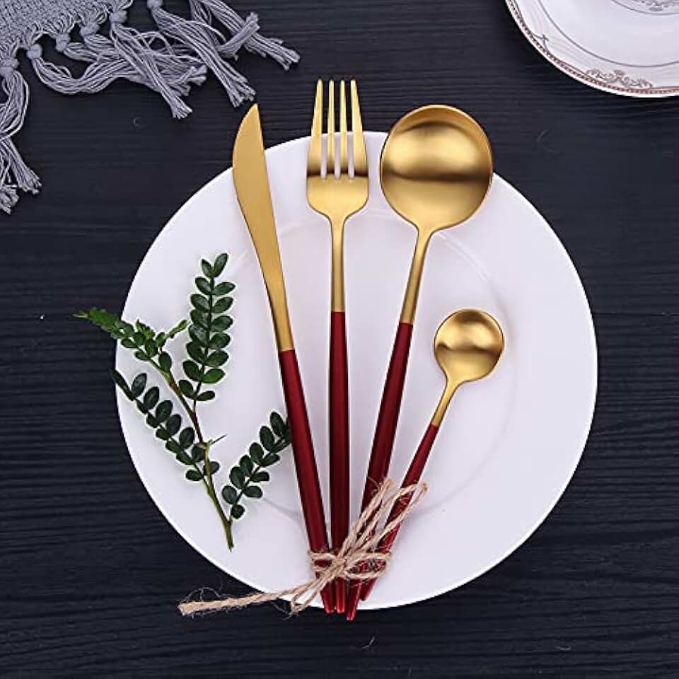 Matte Gold Silverware Set for 8 Stainless Steel Flatware 32 Piece Red Cutlery Set Utensils Set,Kitchen Eating Tableware Forks Knives Spoons for Home Kitchen Restaurant Wedding, Satin Finish
