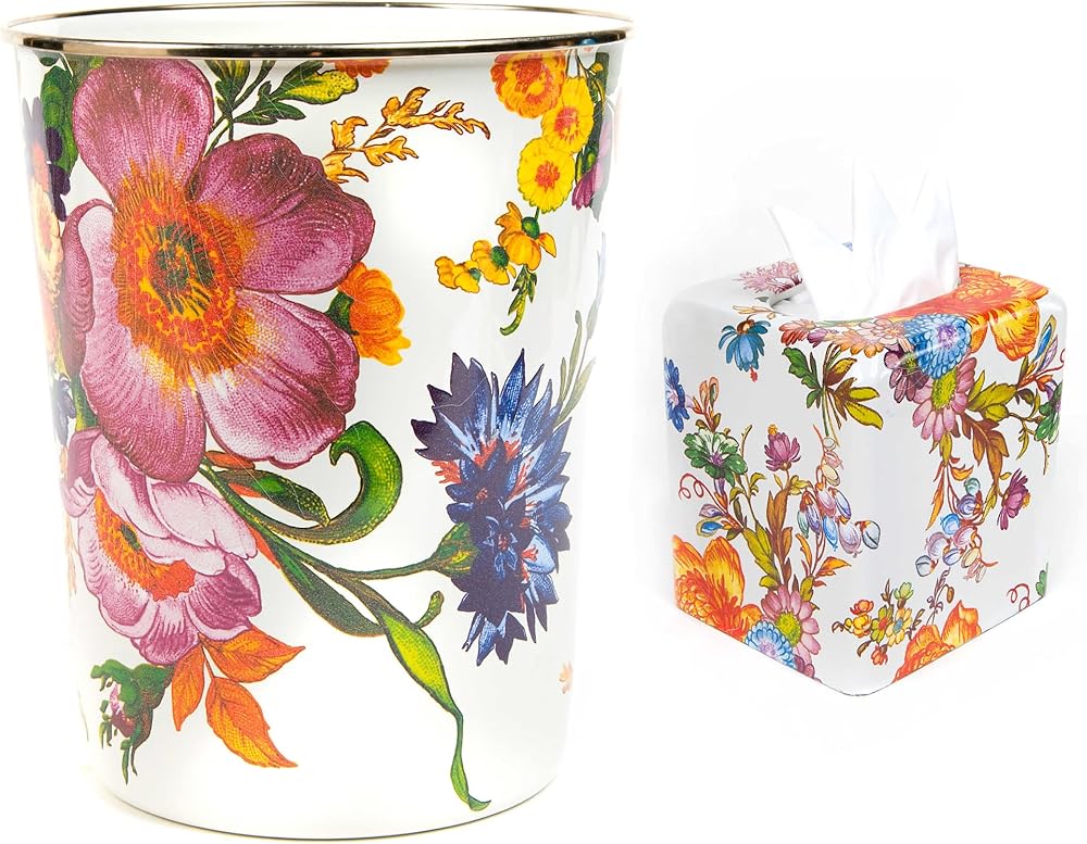 MACKENZIE-CHILDS Flower Market Enamel Waste Bin and Square Tissue-Box Cover Set, Decorative Floral Accessories for Bathroom or Bedroom